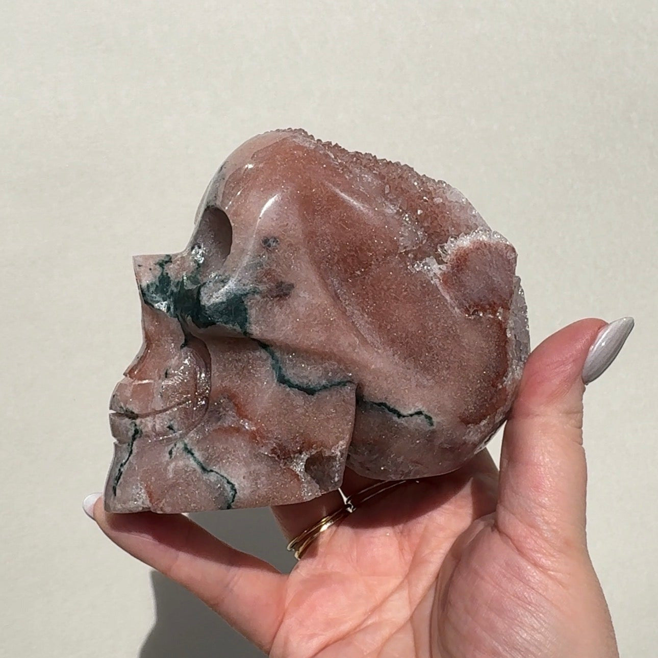 Druzy Pink Amethyst Skull with Green Jasper