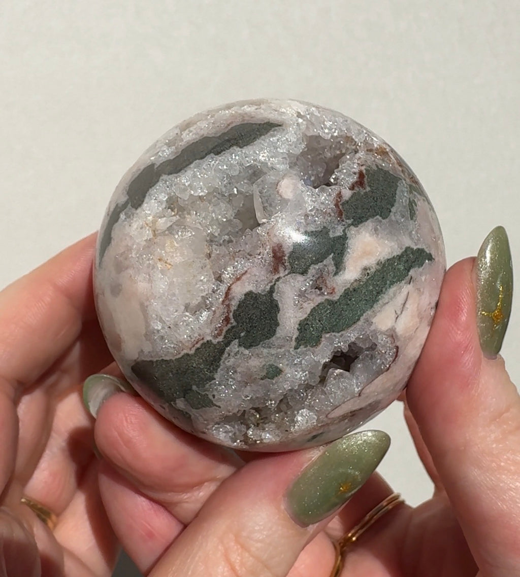 Druzy Pink Amethyst Sphere with Green Jasper