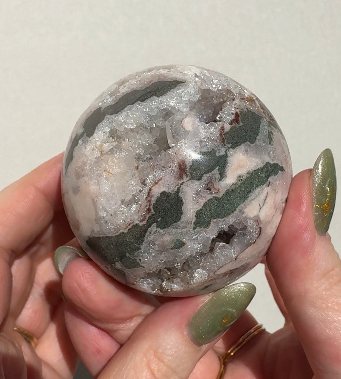 Druzy Pink Amethyst Sphere with Green Jasper