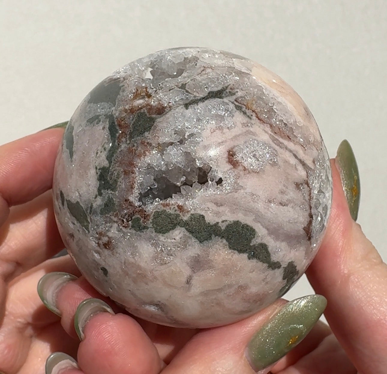 Druzy Pink Amethyst Sphere with Green Jasper