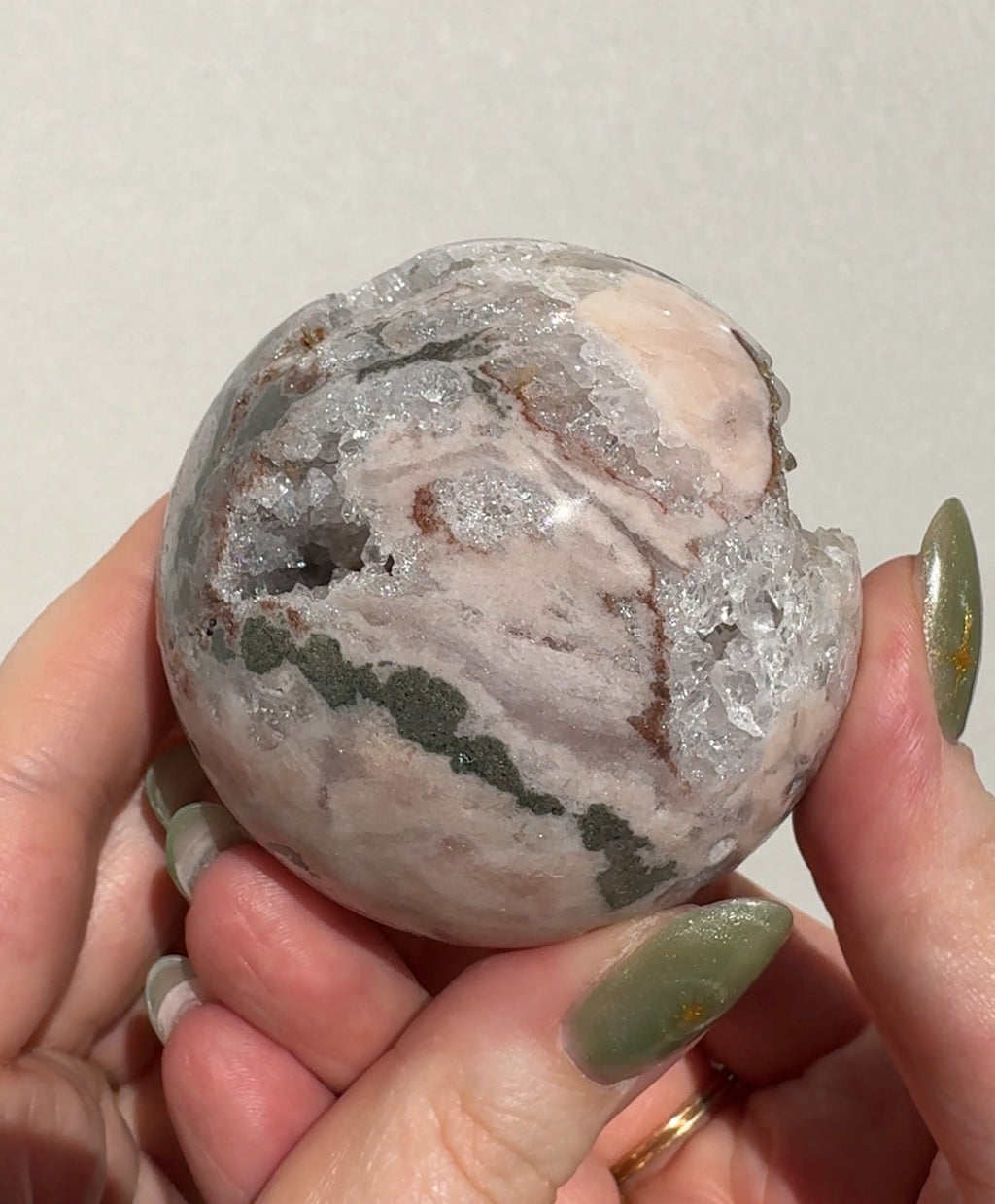 Druzy Pink Amethyst Sphere with Green Jasper