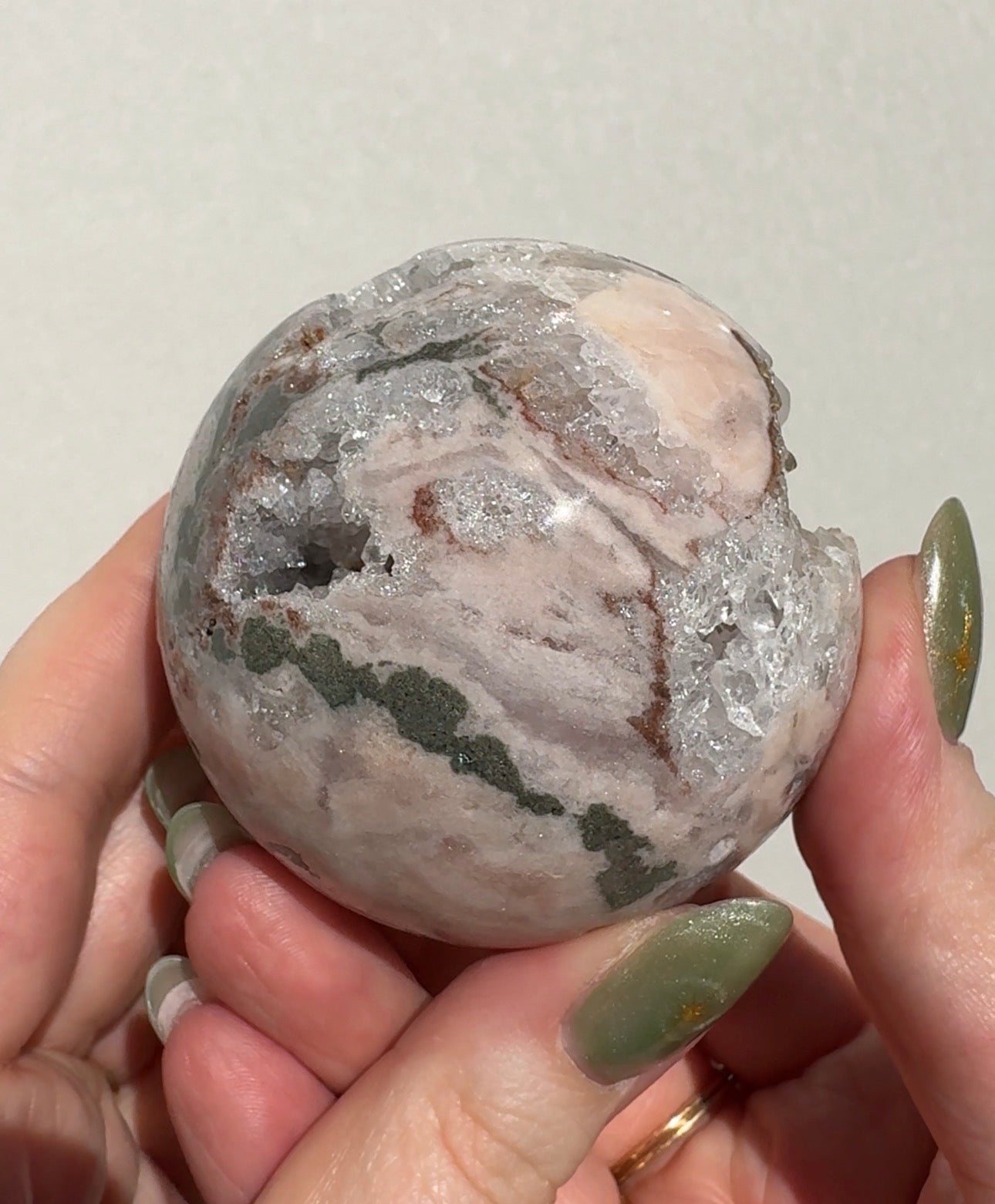 Druzy Pink Amethyst Sphere with Green Jasper