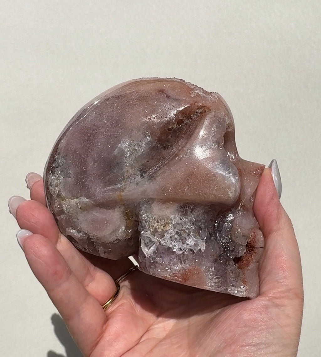 Druzy Pink Amethyst Skull with Green Jasper