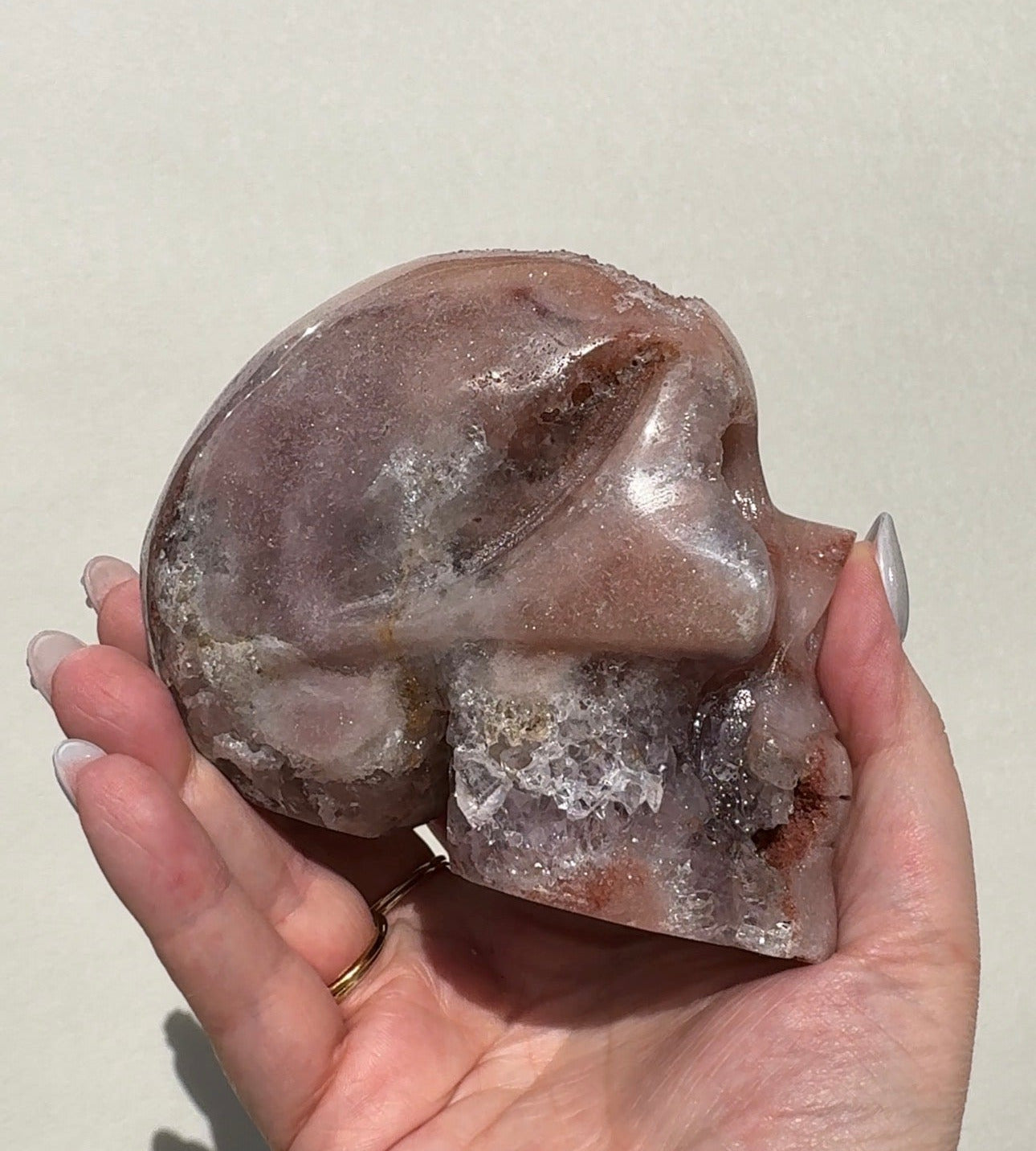 Druzy Pink Amethyst Skull with Green Jasper