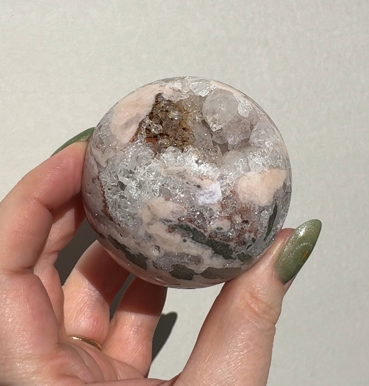 Druzy Pink Amethyst Sphere with Green Jasper