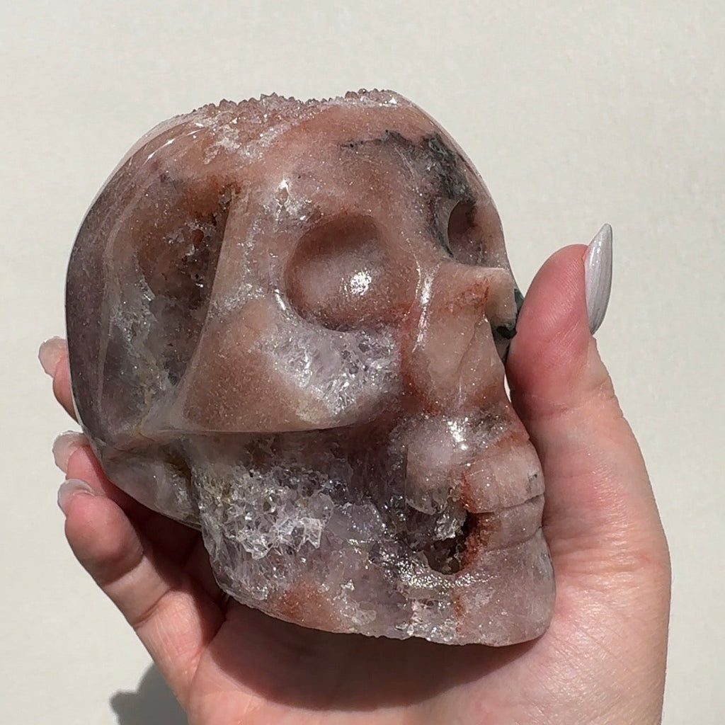 Druzy Pink Amethyst Skull with Green Jasper