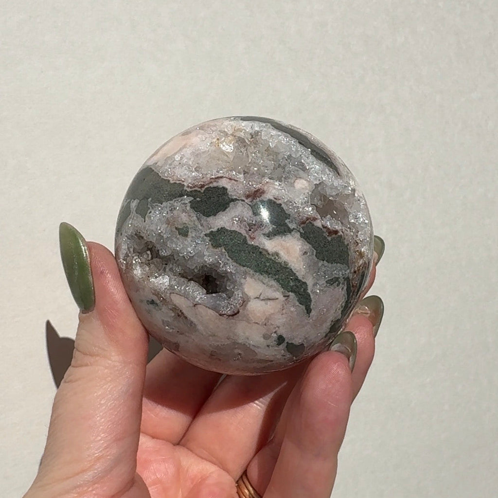 Druzy Pink Amethyst Sphere with Green Jasper