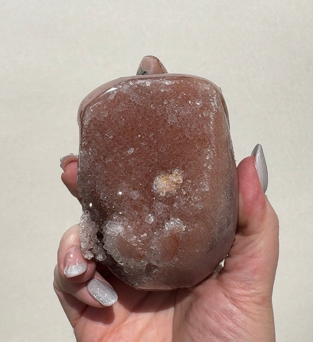 Druzy Pink Amethyst Skull with Green Jasper