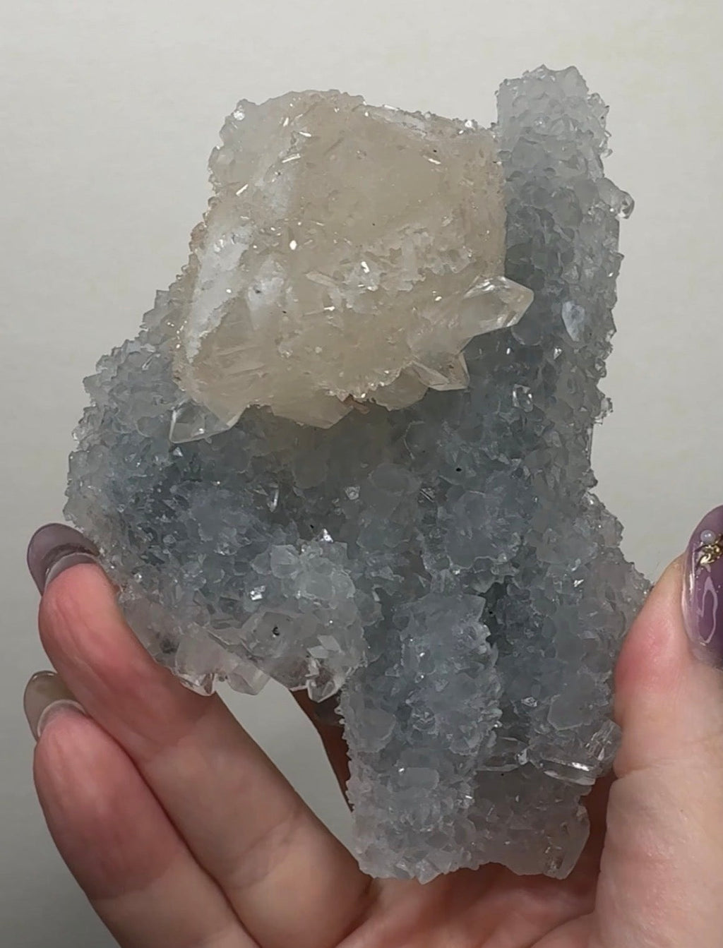 Apophyllite and Calcite on Chalcedony
