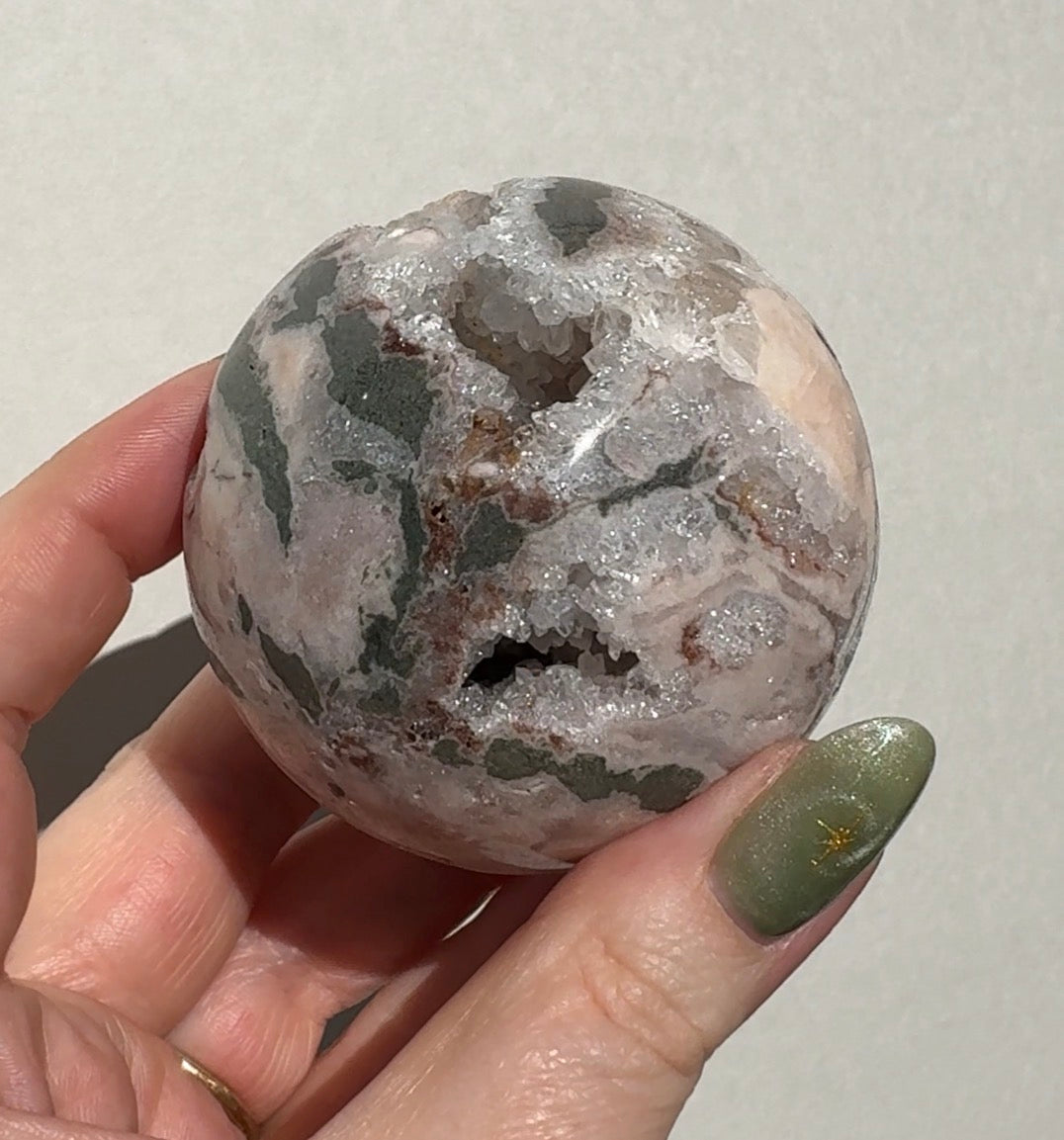 Druzy Pink Amethyst Sphere with Green Jasper