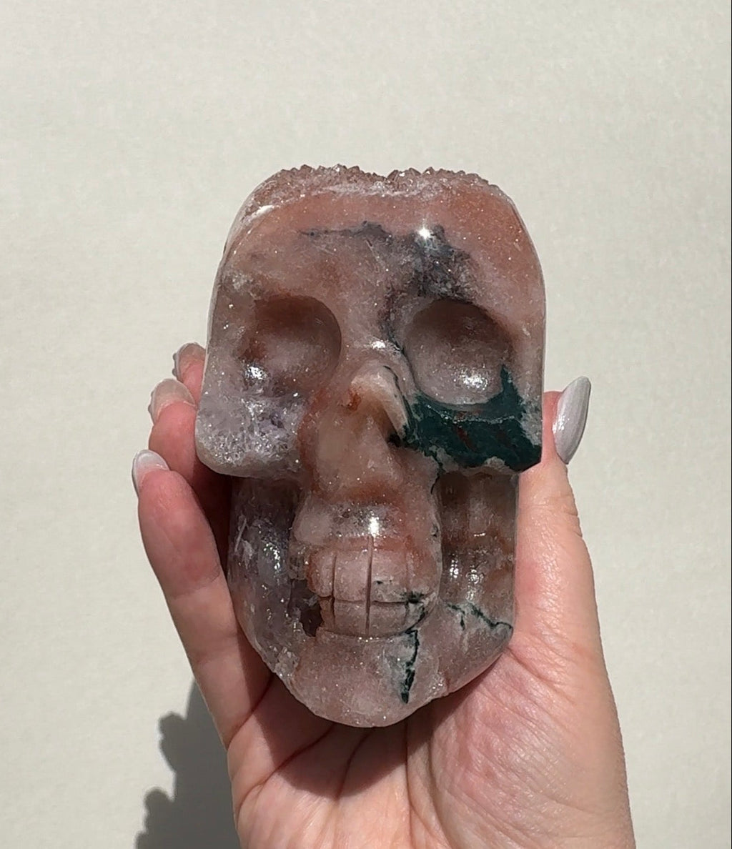 Druzy Pink Amethyst Skull with Green Jasper