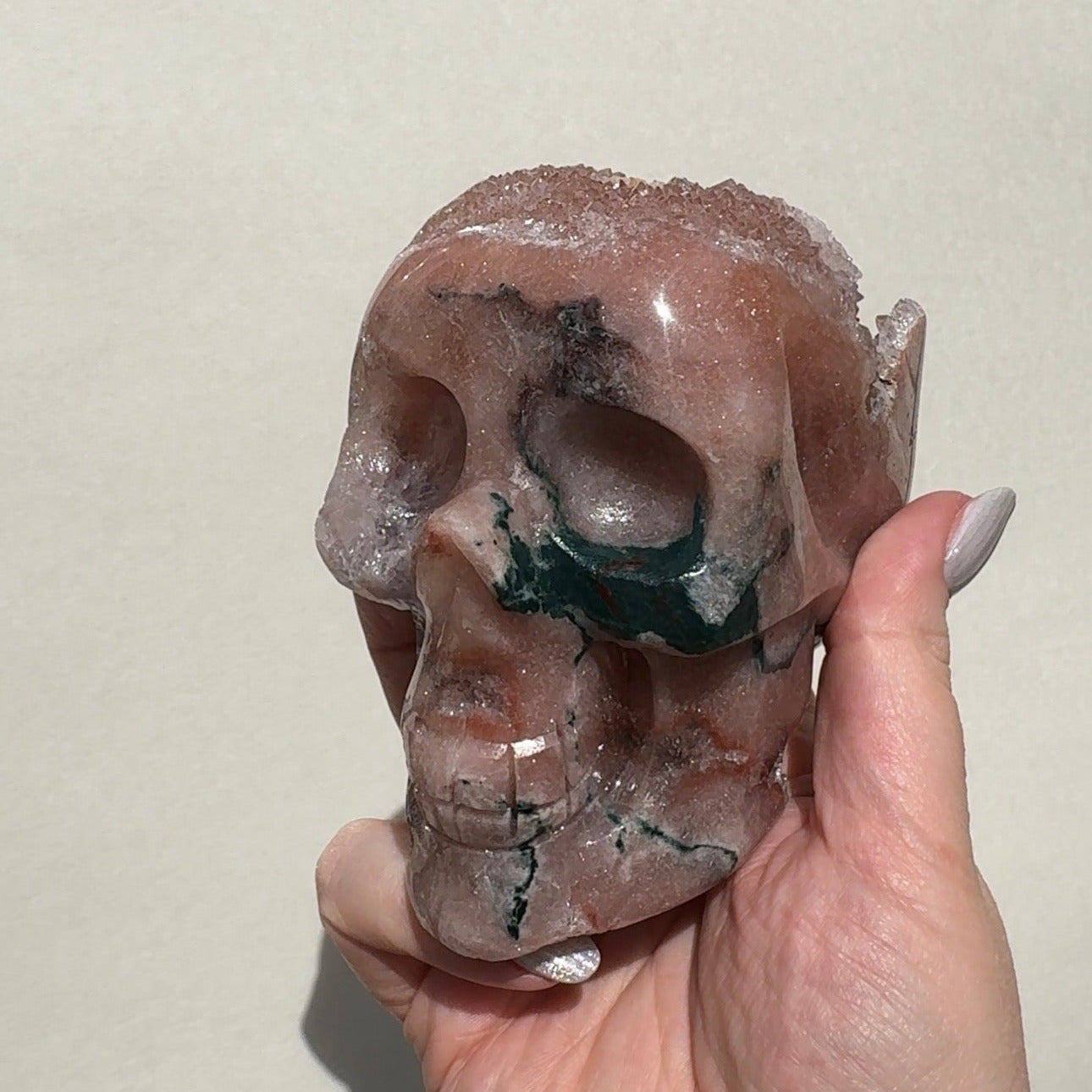 Druzy Pink Amethyst Skull with Green Jasper