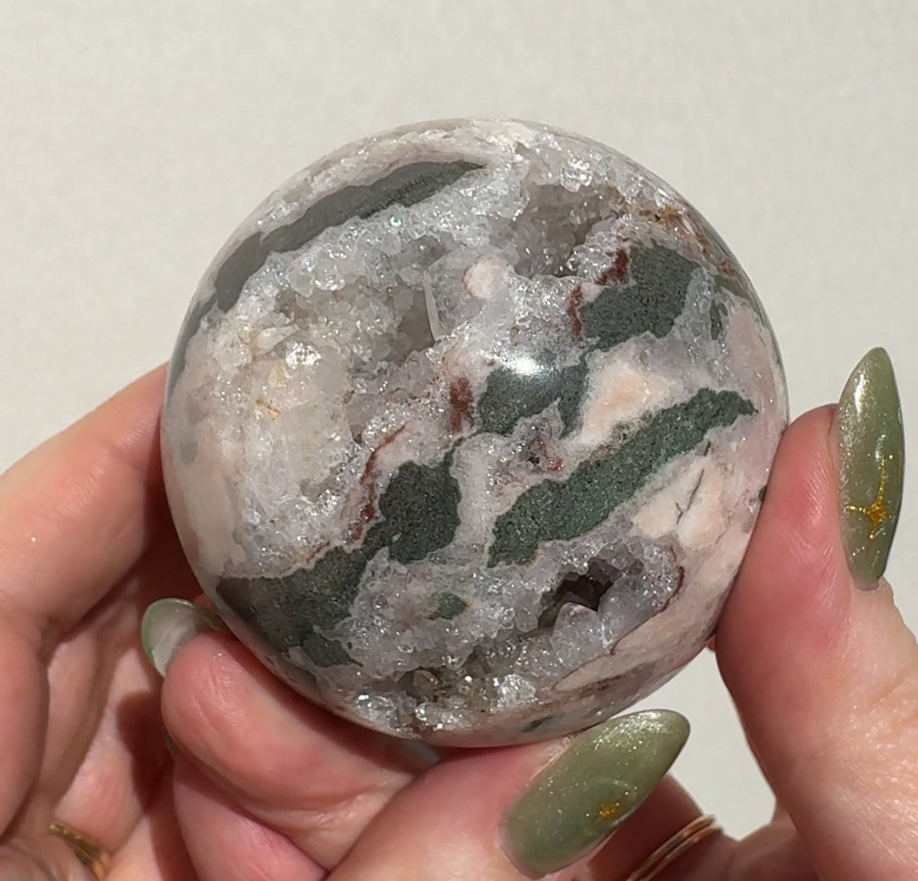 Druzy Pink Amethyst Sphere with Green Jasper